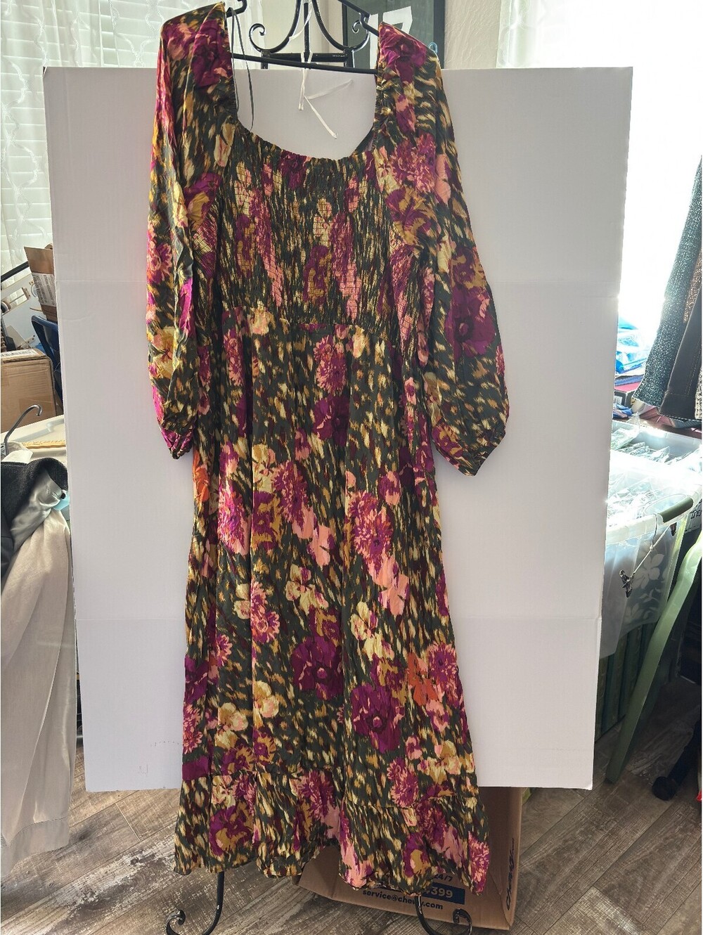 terra & sky 3X Floral Maxi Dress Rayon 3/4 Sleeve Smocked Bodice